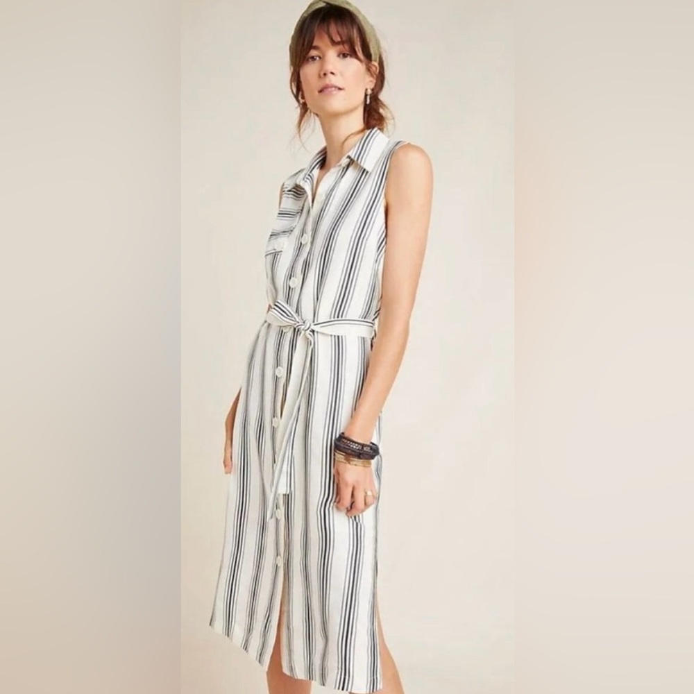 Maeve Anthropologie Esther Sleeveless Striped Shirt Dress Black Off White
